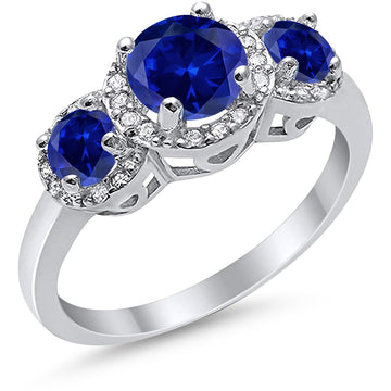 Three Stone Simulated Blue Sapphire CZ Wedding Ring 925 Sterling Silver